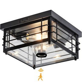 Yisuro Outdoor Ceiling Light with Motion Sensor Flush Mount Farm House Porch Light Ceiling Mount Adjustable 3 Modes Squares for Patio,Porch,Garage (Black-Square)