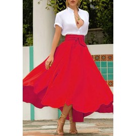 chouyatou Women's Elegant High Waisted Side Slit Irregular Bohemian Maxi Skirt with Pockets, Red, Large