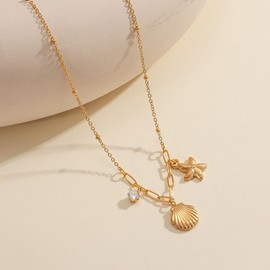 Elegance Shell Necklace For Women Stainless Steel Boho Summer Seashell Beach Starfish Surfer Jewelry (Gold)