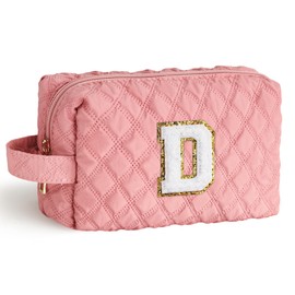 YOOLIFE Pink Girls Makeup Bags for Women - Initial Makeup Bag Travel Makeup Bag Makeup Pouch Travel Essentials Cute Makeup Bag Sister Teen Girl Wife Friend Birthday Gifts for Women Her Pink Letter D