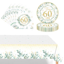 Sage Green 60th Birthday Party Tableware Set, Plates 9 Inch Napkins Plastic Rectangular Tablecloth, 37 Pieces Eucalyptus Green Party Tableware Set for Her Women 60th Birthday Party Decorations