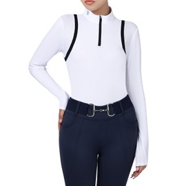 Harrison Howard Horse Riding Shirts w/Ventilation Underarms Inner Arms Shirts for Women Horse Riding Top 1/4 Zip Design White M