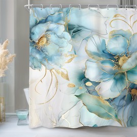 Newsely Marble Shower Curtain 72Wx84L Inch Teal Blue Gold Ombre Abstract Floral Flower Luxury Modern Ink Texture Minimalist Bathroom Set Elegant Girl Waterproof Bath Decoration Accessories Home Decor