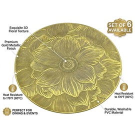 15" Round Metallic Gold Placemats Set of 6, Easy-to-Clean Washable Non-Slip PVC Table Mats, Elegant Table Decor for Weddings, Thanksgiving & Christmas - Flattened & Odor-Free Design (Golden Flower)