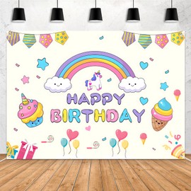 Leaysoo Unicorn Birthday Backdrop 7x5ft - Pastel Rainbow Party Background Decorations for Girls - Cute Happy Birthday Banner - Kids Photo Booth Supplies for Baby Shower & Unicorn Party