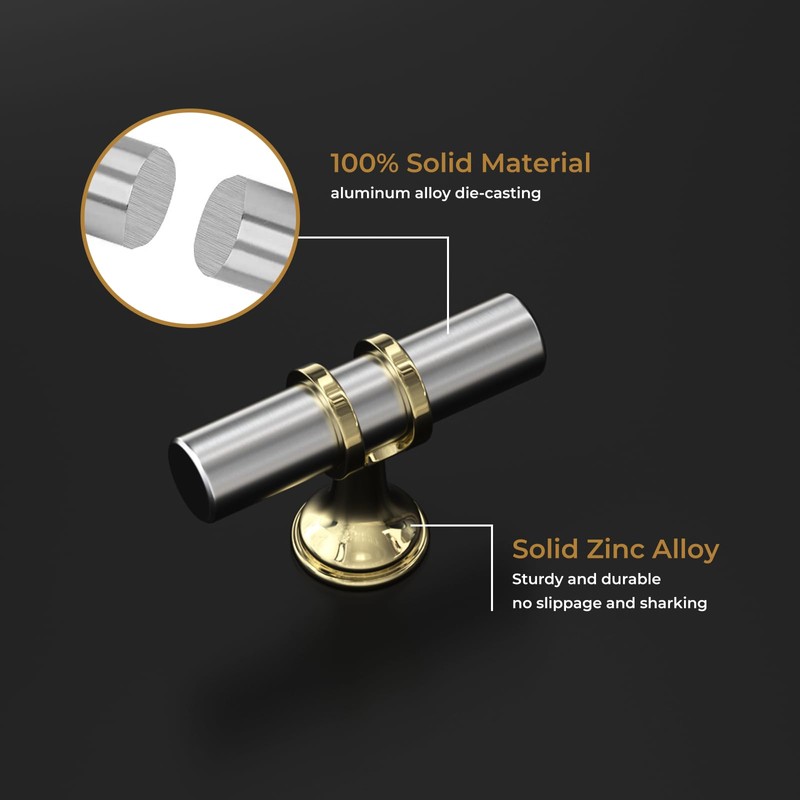 Haliwu 12 Pack/Brushed Nickel&Gold Cabinet Knobs, 2 Tone T-bar Knobs