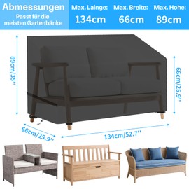 wiipara Garden Bench Cover for 2 Seater, Bench Protective Cover, Garden Furniture Cover, Waterproof, Anti-UV, Windproof, 210D Oxford Fabric Cover for Benches, Garden Sofa (134 x 66 x 66/89 cm) - Black