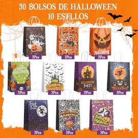 BYHANG 30 Bolsas Halloween Dulces, Bolsas para Dulces Halloween con asas,10 Diseños Impresos de Terror, Calaveras, Telarañas, Fantasmas y Más | Para C