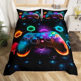 Homewish Gaming Single Bedding Sets 2 Pieces, Reversible Colorful Gamer Gamepad Kids Duvet Cover Set for Boys Girls Teens, Neon Rainbow Honeycomb Print Quilt Cover, Galaxy Bed Set, Microfibre