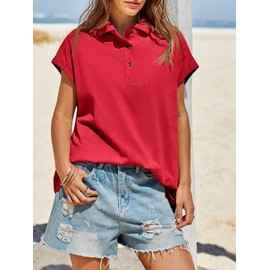 Tankaneo Womens Oversized Cap Sleeve Polo Shirts Summer Casual V Neck Tops Loose Fit Collared Cotton Tee Shirts