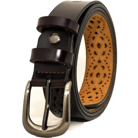 Women's Belt Hollow Flower Genuine Leather Belt for Jeans Pants with Alloy Buckle Brown 43inch (110cm)