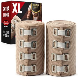 Premium Elastic Bandage Wrap - 2Pack + 4 Extra Clips - 4” Wide - [Extra Long] - 110” not Stretched