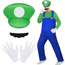 Aomig Aomig Kostüm Erwachsene, 4 Stück Bros Cosplay Kostüm mit Mütze Hose Bart Handschuhe, Kostüm Set Männer Damen, Erwachsene Outfit für Weihnachten Karneval Faschingskostüme (Grün,L)