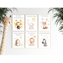 Generisch Dreamy Doodles® Affirmation Poster for Children, Set of 6, Watercolour Forest Animals, 200 g Premium Paper (Matte) DIN A4, Positive Beliefs & Emotions Children's Room Decoration