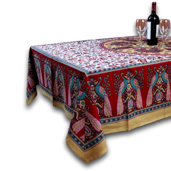 India Arts Cotton Floral Peacock Mandala Tablecloth for Square and Rectangle Tables Red Tapestry Wall Hanging Thin Bedspread Beach Sheet Dorm Decor 87x90 inches
