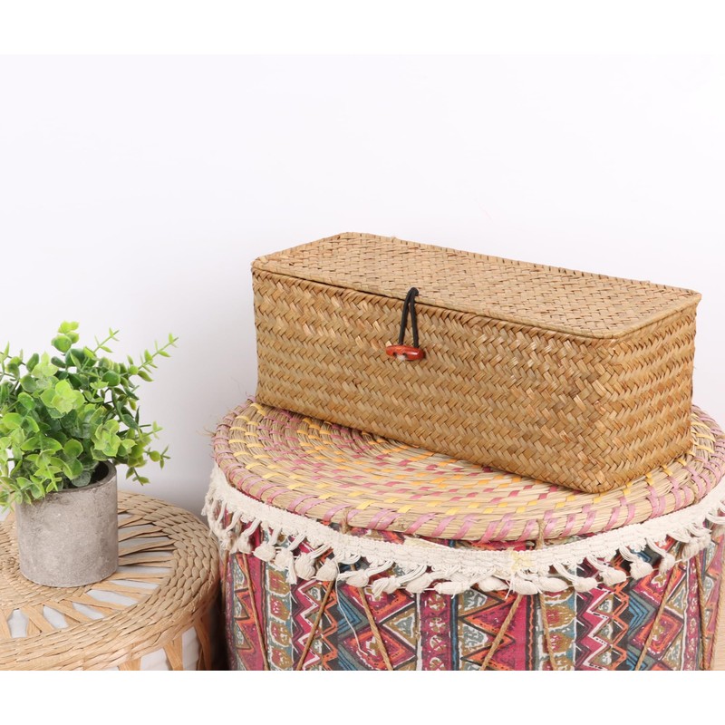 Moosky Wicker Shelf Baskets with Lid,Rectangular Seagrass Woven Storage Baskets