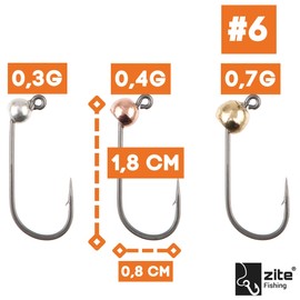 Zite Fishing Tungsten Pro Sharp Jig Hook Set Metallic, Pack of 18 Box Trout Jig Hooks, 0.3 g/0.4 g/0.7 g, Ultra Sharp & Teflon Coated, Fishing Hooks, UL Trout Fishing, Premium Hook Assortment (#6)