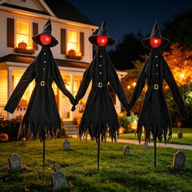 Halloween Outdoor Decorations, 3 Pack 4.9 FT Glowing Holding Hands Witches Garden Stakes, Halloween Witch Decor with Spooky Sound for Yard Lawn Garden Porch