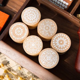 Pack of 6 Wooden Rubber Stamps, Wooden Craft Stamp Set, Vintage Different Floral Wooden Stamps, Round Wooden Retro Motif Stamps, Rubber Stamps, for Stamps, DIY Scrapbooking and Card Making Decoration