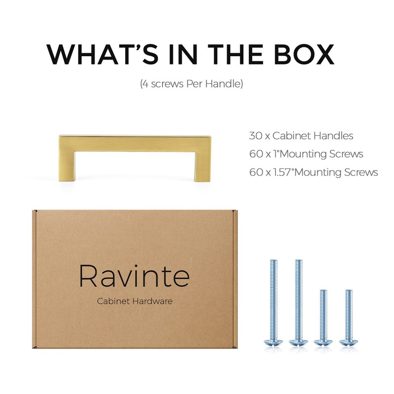 Ravinte 30 Pack 4 Inch Square Cabinet Handles, Brushed Brass
