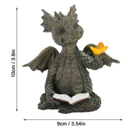 Baby Dragon Reading Book Statue, Garden Dragon Statue Resin Dinosaur Outdoor Sculptures Yard Art Dragon Sculpture Figurines Cute Dinosaur Holding Butterfly Figurines