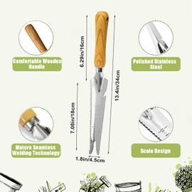 Manual Weeder with Measure, Weed Cutter for Removal, Weed Cutter Stainless Steel with Wooden Handle, Root Weeder of Vegetables, Flowers, Digging, Pruning, Cutting