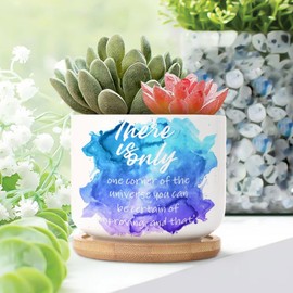 DecStic There is Only One Corner of The Universe You Can Be Certain of Improving Planter Ceramic Quotes Saying Round Flower Pots with Drainage Holes and Bamboo Tray Pot for Indoor Outdoor Garden