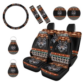 Wanyint Aztec Wolf Black 11 Pieces Car Front Back Seat Covers for Women Men, with Breathable Auto Seat Protector Non-Slip Steering Wheel Cover Seat Belt Strap Covers Car Coasters Keychains Car Decor