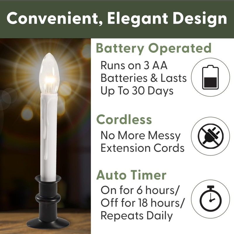 612 Vermont Ultra-Bright LED Window Candles with Timer, Battery Operated,