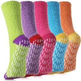 SDBING Non Slip Socks Fuzzy Socks with Grips for Women Hospital Socks with Grips for Women Slipper Socks (5 Pairs Multi-color B)