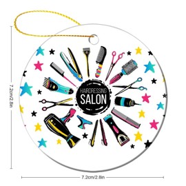 Colorful Barber Shop Hairdressers Tools Comb Hair Dryer Stars 2 PCs Christmas Round Hanging Ceramic Ornament with Thick Gold String, Keepsake Sign Plaque Tree Decoration for Xmas Holidays