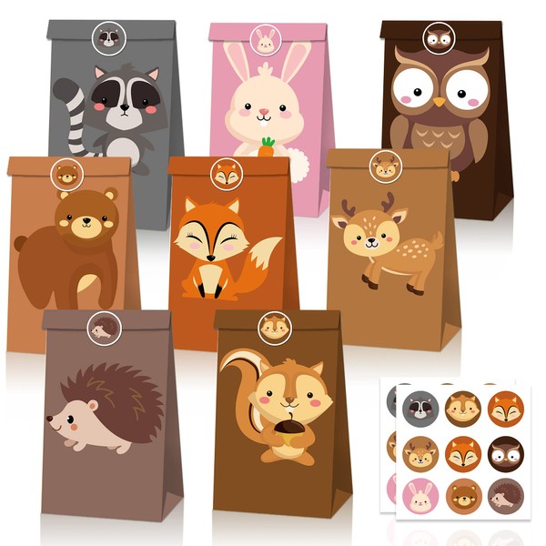 QYCX 24 Pcs Woodland Candy Bags Woodland Gift Bags Animal Gift Bags Woodland Animals Goodie Bags Candy Treat Bags Fox Squirrel Owl Deer Bunny Animal Creatures Party Favor Bags Forest Animals Candy Boxes Woodland Candy Boxes for Woodland Party Supplies Pa