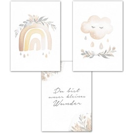 Lemmami Stationery Set of 3 Wall Pictures Children's Room Baby Room Poster Pictures DIN A4 Girls Boys Boho Decoration Children's Room Boho Rainbow Cloud (Set of 3 Pictures Set Pink) Pastel Wall