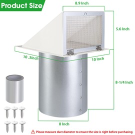 8 Inch Hooded Wall Vent with Screen and Damper,Outdoor Wall Exhaust Vent Cover Cap for Kitchen Range Hood Dryer Duct Ventilation &Exterior Air Exhaust Applications,Galvanized Steel,White