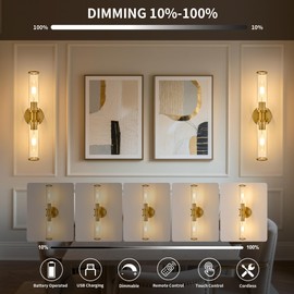 Battery Operated Wall Sconces Set of 2 with Remote Control, Gold, 8000mAh