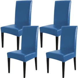 Qubjus Dining Table Chair Covers, Solid PU Leather Waterproof Oilproof Stretch Dining Table Chair Protector Cover Slipcover (Blue, 4 Pack)