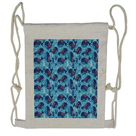 Ambesonne Aqua Drawstring Backpack, Cartoon Marine Life Whales, Sackpack Bag