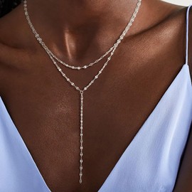 SWRNR Lariat Necklace for Women Dainty 14k Gold/Silver Plated Y-Shaped Long Pendant Necklaces for Women Trendy Layered Lip Satellite Paperclip Chain Infinity Cross Drop Necklace Fashion Jewelry Set