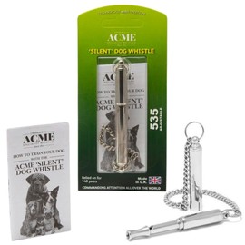 ACME original 'silent' dog training whistle no. 535. Adjustable frequency. Instruction leaflet included. Made in the UK. Good sound quality. Weather-proof. Solid brass with nickel plated finish