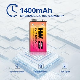 HW Upgrade 1400 mAh 9V Batteries, 4 Pack USB Rechargeable Lithium Batteries for Smoke Detectors, USB-C Fast Charging, 1600 Cycles