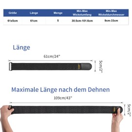 GripZz Webbing straps, elastic straps with Velcro fasteners, 61 cm x 5 cm (5 pieces), Velcro strap with buckle for organising your extension cables, hoses, bicycle, workshop, garage