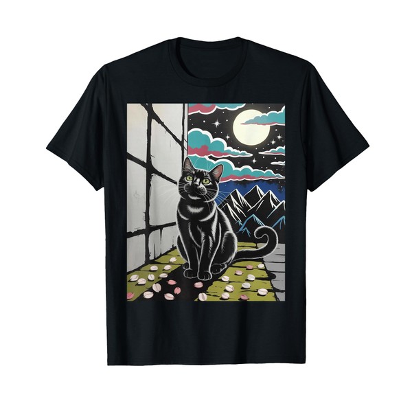 Black Cat Night Scene Cherry Blossom Moon Mountain Art T-Shirt