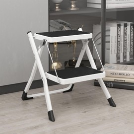 DAWNYIELD Folding 2 Step Stools Portable Heavy Duty Metal Step Ladder with Anti-Slip Base and Wide Pedal Lightweight Foot Step Stool for Beds Kitchen Pantry Office Travel Adults Kids Dog 330 lbs White