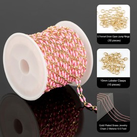 YOUBEIYEE Pink Enamel Chain for Jewelry Making, 2 Meters Gold Plated Brass Cable Link Chain Roll with 30pcs Jump Rings and 10pcs Lobster Clasps