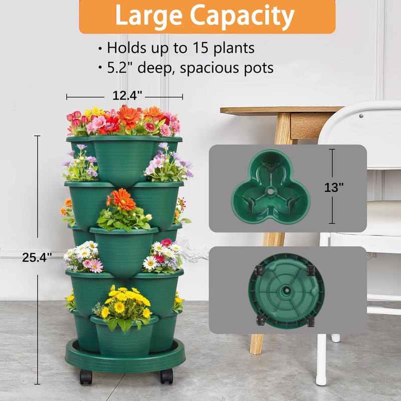 VECELO 5 Tier Vertical Garden Planter, Self Watering Stackable Planters