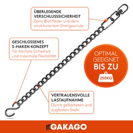 Gakago Extension Chain as Hanging Chair Chain, Swing Extension, Punch Bag Holder - Extra Strong Steel Chain with S-Hook, Swivel and Carabiner - Flexible Suspension Also for Outdoor Use