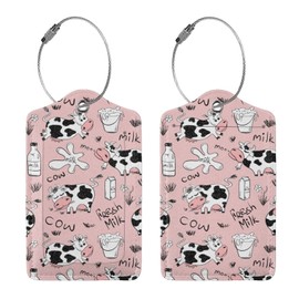 Buyidec 2 Pack Funny Cow Milk Print Luggage Tags for Suitcases, Leather Baggage Tag with LoopName Id Card Cover Travel Bag Labels Set for Women Men Boys Girls Kids