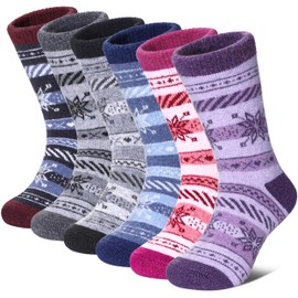 FNOVCO Kids Merino Wool Hiking Socks Toddlers Boys Girls Cozy Thermal Winter Thick Warm Crew Socks 6 Pairs (8-12 Years, Snowflake)