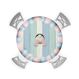 Savannan Round Fitted Tablecloth, Easter Egg Bunny Tail Spring Blue Green Wood Grain Waterproof Table Cloth Table Cover with Elastic Edged for Outdoor Picnic Parties, Fits Tables up to 55" - 60"