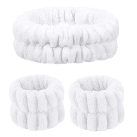 3 Pcs White Spa Headband Wrist Washband Set Soft Makeup Headbands Elastic Skincare Headband Yoga Sports Shower Facial Fluffy Headband wrist washband Makeup Hair Band for Girls Women